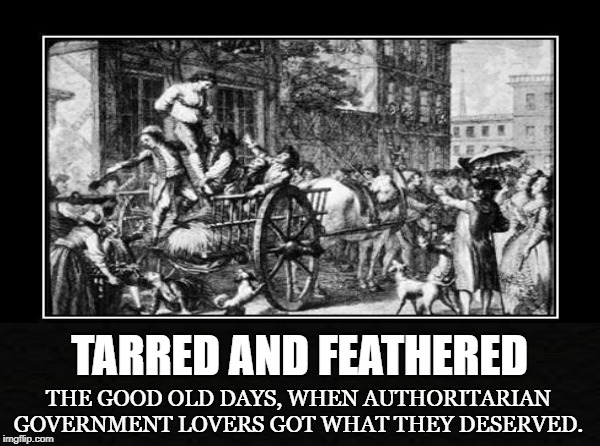 JUSTICE | TARRED AND FEATHERED; THE GOOD OLD DAYS, WHEN AUTHORITARIAN GOVERNMENT LOVERS GOT WHAT THEY DESERVED. | image tagged in government agents,taxman,tyranny,justice,tarred and feathered,authoritarian | made w/ Imgflip meme maker