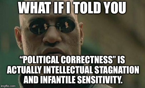 Political correctness is for crybabies | WHAT IF I TOLD YOU; “POLITICAL CORRECTNESS” IS ACTUALLY INTELLECTUAL STAGNATION AND INFANTILE SENSITIVITY. | image tagged in memes,matrix morpheus,political correctness,overly sensitive,crybaby | made w/ Imgflip meme maker