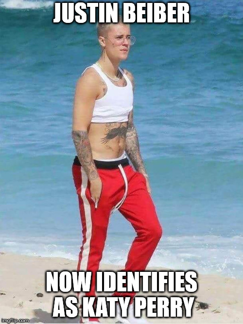 Confused little man | JUSTIN BEIBER; NOW IDENTIFIES AS KATY PERRY | image tagged in justin beiber,katy perry | made w/ Imgflip meme maker
