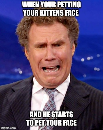 Will Ferrell Crying | WHEN YOUR PETTING YOUR KITTENS FACE; AND HE STARTS TO PET YOUR FACE | image tagged in will ferrell crying | made w/ Imgflip meme maker