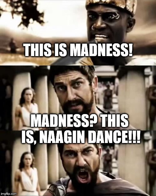 This Is Sparta meme | THIS IS MADNESS! MADNESS? THIS IS, NAAGIN DANCE!!! | image tagged in this is sparta meme | made w/ Imgflip meme maker