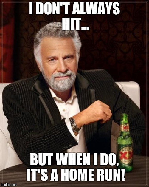 The Most Interesting Man In The World Meme | I DON'T ALWAYS HIT... BUT WHEN I DO, IT'S A HOME RUN! | image tagged in memes,the most interesting man in the world | made w/ Imgflip meme maker