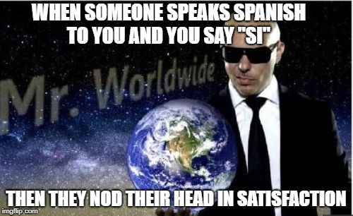 mr.worldwide | WHEN SOMEONE SPEAKS SPANISH TO YOU AND YOU SAY "SI"; THEN THEY NOD THEIR HEAD IN SATISFACTION | image tagged in mrworldwide | made w/ Imgflip meme maker