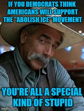 Sam Elliott | IF YOU DEMOCRATS THINK AMERICANS WILL SUPPORT THE "ABOLISH ICE" MOVEMENT; YOU'RE ALL A SPECIAL KIND OF STUPID | image tagged in sam elliott | made w/ Imgflip meme maker