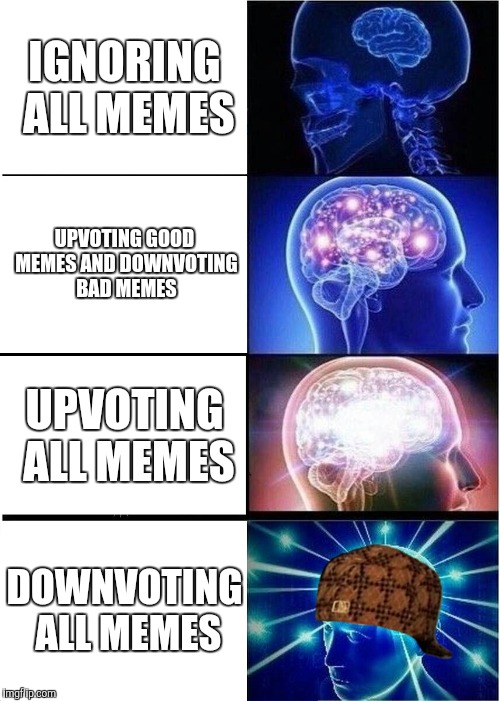 Expanding Brain | IGNORING ALL MEMES; UPVOTING GOOD MEMES AND DOWNVOTING BAD MEMES; UPVOTING ALL MEMES; DOWNVOTING ALL MEMES | image tagged in memes,expanding brain,scumbag | made w/ Imgflip meme maker