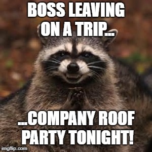 Sneaky Coon | BOSS LEAVING ON A TRIP... ...COMPANY ROOF PARTY TONIGHT! | image tagged in sneaky coon | made w/ Imgflip meme maker