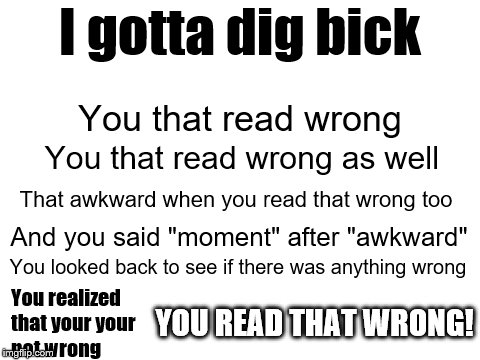 You that read wrong |  I gotta dig bick; You that read wrong; You that read wrong as well; That awkward when you read that wrong too; And you said "moment" after "awkward"; You looked back to see if there was anything wrong; YOU READ THAT WRONG! You realized that your
your not wrong | image tagged in blank white template,memes,funny,mind trick,trick,dirty mind | made w/ Imgflip meme maker