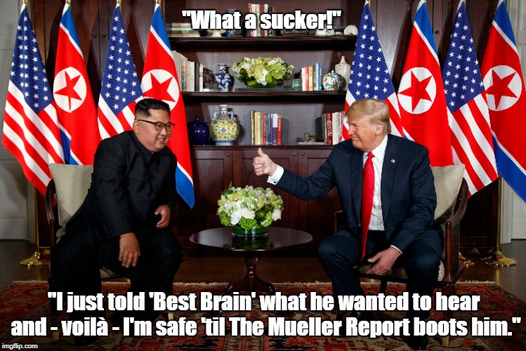 "What a sucker!" "I just told 'Best Brain' what he wanted to hear and - voilÃ  - I'm safe 'til The Mueller Report boots him." | made w/ Imgflip meme maker