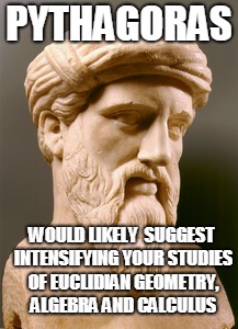PYTHAGORAS WOULD LIKELY  SUGGEST INTENSIFYING YOUR STUDIES OF EUCLIDIAN GEOMETRY, ALGEBRA AND CALCULUS | made w/ Imgflip meme maker