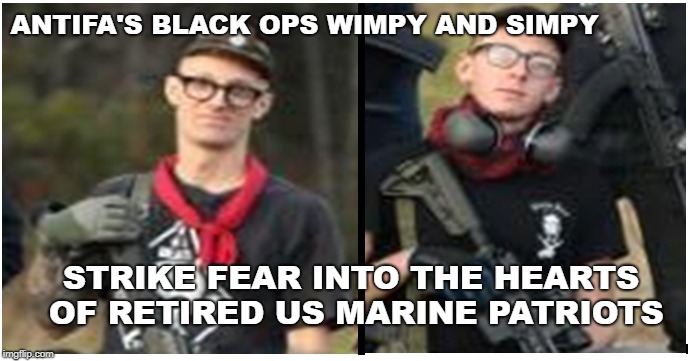Striking Fear | ANTIFA'S BLACK OPS WIMPY AND SIMPY; STRIKE FEAR INTO THE HEARTS OF RETIRED US MARINE PATRIOTS | image tagged in antifa | made w/ Imgflip meme maker