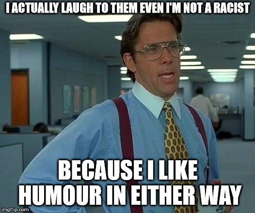 That Would Be Great Meme | I ACTUALLY LAUGH TO THEM EVEN I'M NOT A RACIST BECAUSE I LIKE HUMOUR IN EITHER WAY | image tagged in memes,that would be great | made w/ Imgflip meme maker