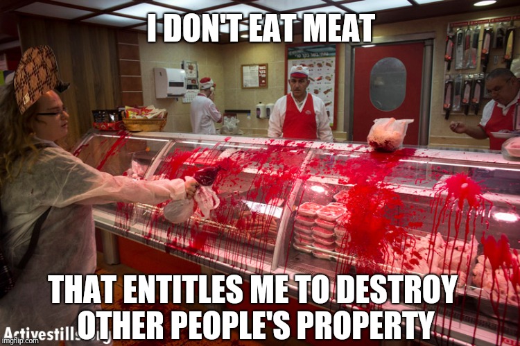 Homeless bed-wetters | I DON'T EAT MEAT; THAT ENTITLES ME TO DESTROY OTHER PEOPLE'S PROPERTY | image tagged in vegan | made w/ Imgflip meme maker