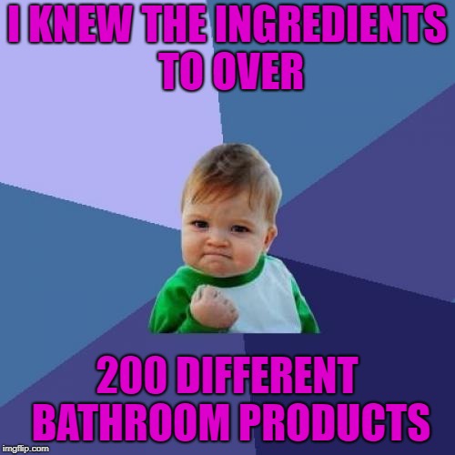 Success Kid Meme | I KNEW THE INGREDIENTS TO OVER 200 DIFFERENT BATHROOM PRODUCTS | image tagged in memes,success kid | made w/ Imgflip meme maker