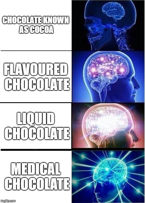 Expanding Brain Meme | CHOCOLATE KNOWN AS COCOA; FLAVOURED CHOCOLATE; LIQUID CHOCOLATE; MEDICAL CHOCOLATE | image tagged in memes,expanding brain | made w/ Imgflip meme maker