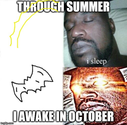 Sleeping Shaq Meme | THROUGH SUMMER; I AWAKE IN OCTOBER | image tagged in memes,sleeping shaq | made w/ Imgflip meme maker