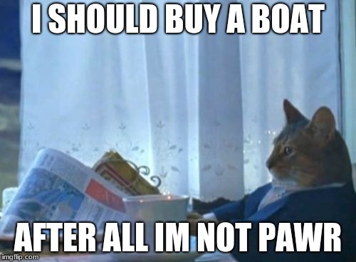I Should Buy A Boat Cat | I SHOULD BUY A BOAT; AFTER ALL IM NOT PAWR | image tagged in memes,i should buy a boat cat | made w/ Imgflip meme maker