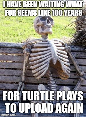 Waiting Skeleton Meme | I HAVE BEEN WAITING WHAT FOR SEEMS LIKE 100 YEARS; FOR TURTLE PLAYS TO UPLOAD AGAIN | image tagged in memes,waiting skeleton | made w/ Imgflip meme maker