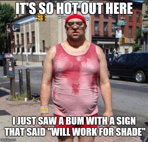 Sweat guy | IT'S SO HOT OUT HERE; I JUST SAW A BUM WITH A SIGN THAT SAID "WILL WORK FOR SHADE" | image tagged in sweat guy | made w/ Imgflip meme maker