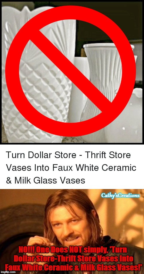 Cathy'sCreations; NO!!! One Does NOT simply, 'Turn Dollar Store-Thrift Store Vases Into Faux White Ceramic & Milk Glass Vases!' | made w/ Imgflip meme maker