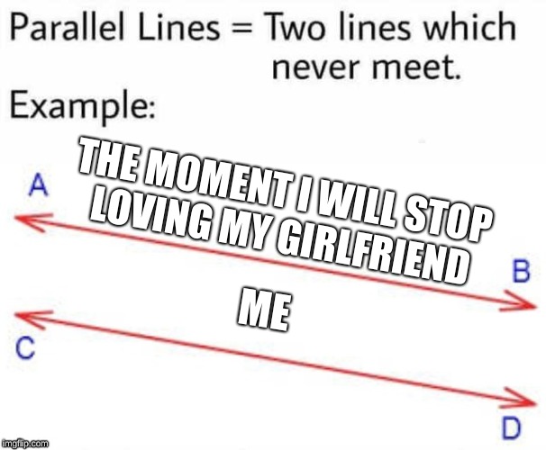 Wholesome memes are the best memes. | THE MOMENT I WILL STOP LOVING MY GIRLFRIEND; ME | image tagged in parallel lines,wholesome | made w/ Imgflip meme maker