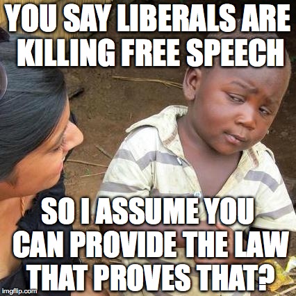 Third World Skeptical Kid Meme | YOU SAY LIBERALS ARE KILLING FREE SPEECH SO I ASSUME YOU CAN PROVIDE THE LAW THAT PROVES THAT? | image tagged in memes,third world skeptical kid | made w/ Imgflip meme maker