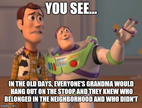 X, X Everywhere Meme | YOU SEE... IN THE OLD DAYS, EVERYONE'S GRANDMA WOULD HANG OUT ON THE STOOP AND THEY KNEW WHO BELONGED IN THE NEIGHBORHOOD AND WHO DIDN'T | image tagged in memes,x x everywhere | made w/ Imgflip meme maker