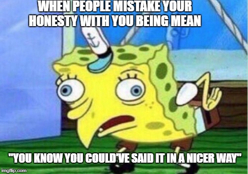 Mocking Spongebob Meme | WHEN PEOPLE MISTAKE YOUR HONESTY WITH YOU BEING MEAN; "YOU KNOW YOU COULD'VE SAID IT IN A NICER WAY" | image tagged in memes,mocking spongebob | made w/ Imgflip meme maker