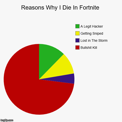 Reasons Why I Die In Fortnite | Bullshit Kill, Lost in The Storm, Getting Sniped, A Legit Hacker | image tagged in funny,pie charts | made w/ Imgflip chart maker