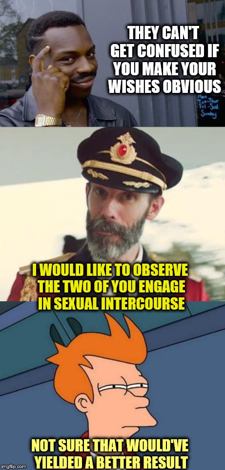 THEY CAN'T GET CONFUSED IF YOU MAKE YOUR WISHES OBVIOUS I WOULD LIKE TO OBSERVE THE TWO OF YOU ENGAGE IN SEXUAL INTERCOURSE NOT SURE THAT WO | made w/ Imgflip meme maker
