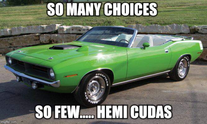 SO MANY CHOICES SO FEW..... HEMI CUDAS | made w/ Imgflip meme maker