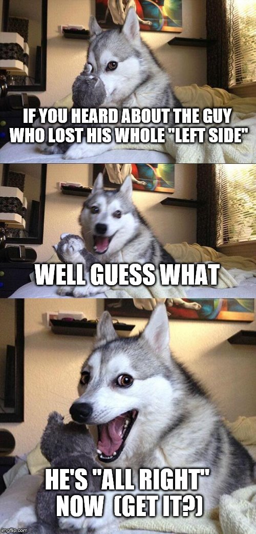 Bad Pun Dog | IF YOU HEARD ABOUT THE GUY WHO LOST HIS WHOLE "LEFT SIDE"; WELL GUESS WHAT; HE'S "ALL RIGHT" NOW
 (GET IT?) | image tagged in memes,bad pun dog | made w/ Imgflip meme maker