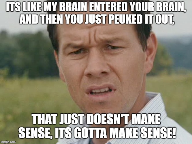 Huh  | ITS LIKE MY BRAIN ENTERED YOUR BRAIN, AND THEN YOU JUST PEUKED IT OUT, THAT JUST DOESN'T MAKE SENSE, ITS GOTTA MAKE SENSE! | image tagged in huh | made w/ Imgflip meme maker