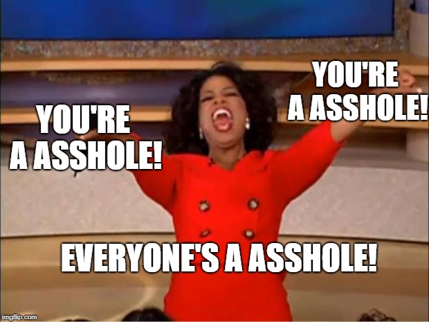 Oprah You Get A Meme | YOU'RE A ASSHOLE! YOU'RE A ASSHOLE! EVERYONE'S A ASSHOLE! | image tagged in memes,oprah you get a | made w/ Imgflip meme maker