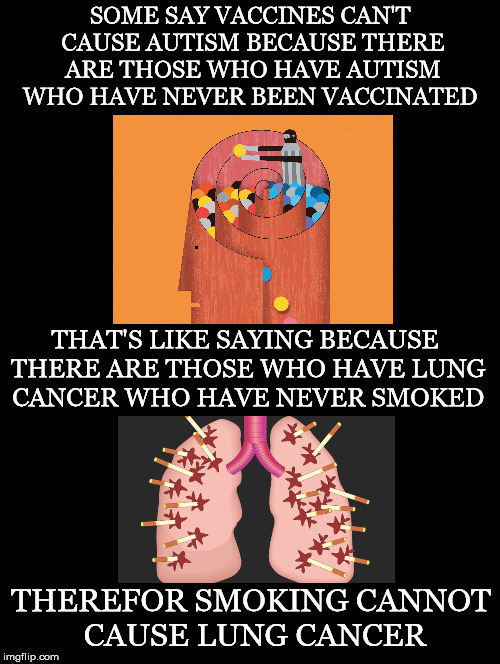 Faulty Logic | SOME SAY VACCINES CAN'T CAUSE AUTISM BECAUSE THERE ARE THOSE WHO HAVE AUTISM WHO HAVE NEVER BEEN VACCINATED; THAT'S LIKE SAYING BECAUSE THERE ARE THOSE WHO HAVE LUNG CANCER WHO HAVE NEVER SMOKED; THEREFOR SMOKING CANNOT CAUSE LUNG CANCER | image tagged in autism,vaccines,vaccinated,vaccine injury,lung cancer,smoking | made w/ Imgflip meme maker