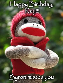 Sock monkey | Happy Birthday, Ray!!! Byron misses you | image tagged in sock monkey | made w/ Imgflip meme maker