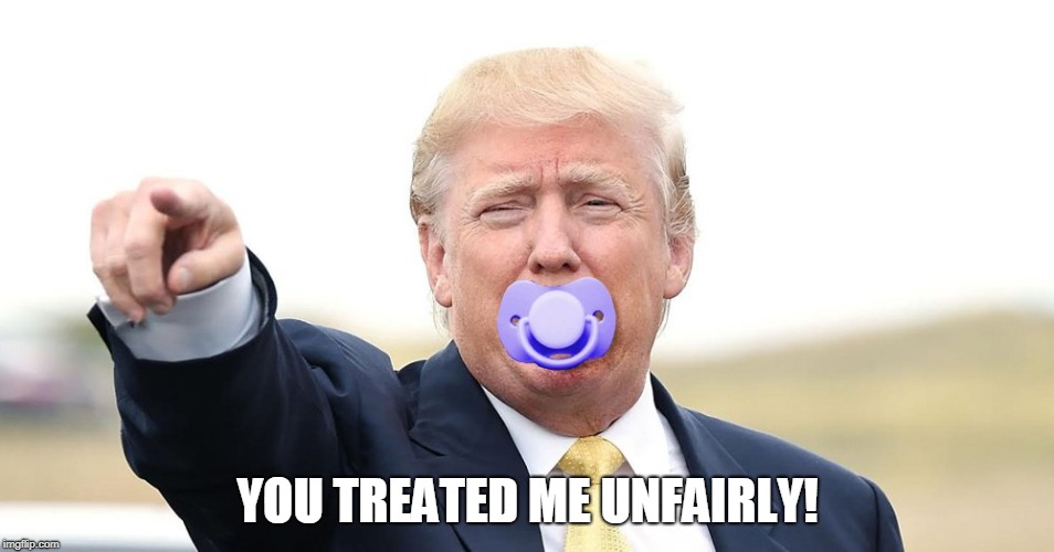 Toddler Temper Tantrum Trump | YOU TREATED ME UNFAIRLY! | image tagged in trump,binky,tantrum,potus,unfair,whiny | made w/ Imgflip meme maker
