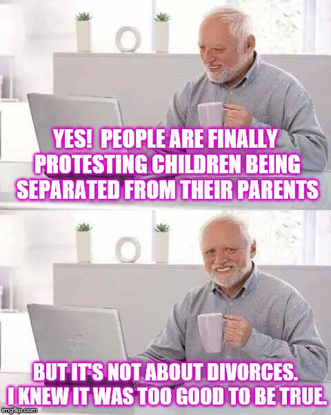 I was like yes, Yes, YESSS! And then I read what it was about  >:(  | YES!  PEOPLE ARE FINALLY PROTESTING CHILDREN BEING SEPARATED FROM THEIR PARENTS; BUT IT'S NOT ABOUT DIVORCES. I KNEW IT WAS TOO GOOD TO BE TRUE. | image tagged in memes,hide the pain harold,protests,divorce,children | made w/ Imgflip meme maker