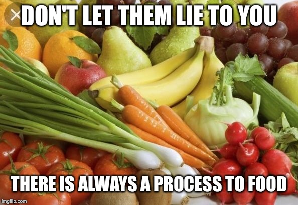 DON'T LET THEM LIE TO YOU; THERE IS ALWAYS A PROCESS TO FOOD | image tagged in processed food lie | made w/ Imgflip meme maker