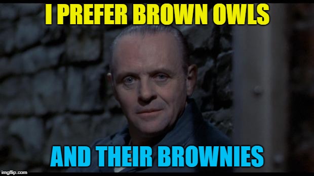 hannibal lecter silence of the lambs | I PREFER BROWN OWLS AND THEIR BROWNIES | image tagged in hannibal lecter silence of the lambs | made w/ Imgflip meme maker