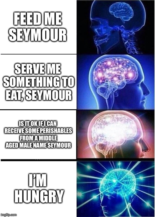 Little shop verbose | FEED ME SEYMOUR; SERVE ME SOMETHING TO EAT, SEYMOUR; IS IT OK IF I CAN RECEIVE SOME PERISHABLES FROM A MIDDLE AGED MALE NAME SEYMOUR; I’M HUNGRY | image tagged in memes,expanding brain | made w/ Imgflip meme maker