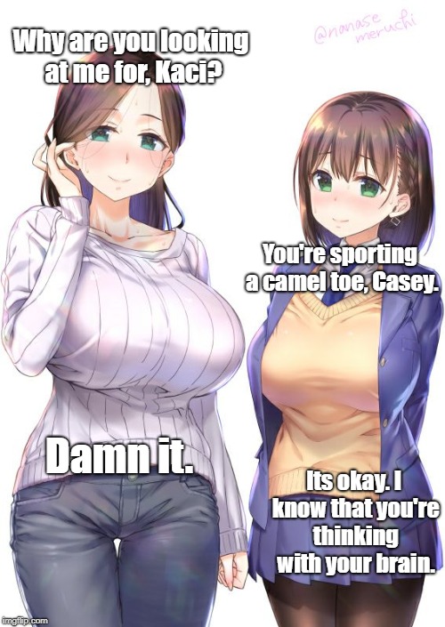 Casey Kaci | Why are you looking at me for, Kaci? You're sporting a camel toe, Casey. Damn it. Its okay. I know that you're thinking with your brain. | image tagged in casey kaci | made w/ Imgflip meme maker