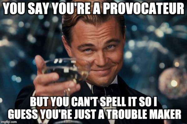 Leonardo Dicaprio Cheers Meme | YOU SAY YOU'RE A PROVOCATEUR; BUT YOU CAN'T SPELL IT SO I GUESS YOU'RE JUST A TROUBLE MAKER | image tagged in memes,leonardo dicaprio cheers | made w/ Imgflip meme maker