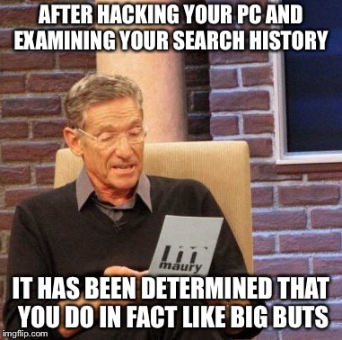 Maury Lie Detector Meme | AFTER HACKING YOUR PC AND EXAMINING YOUR SEARCH HISTORY; IT HAS BEEN DETERMINED THAT YOU DO IN FACT LIKE BIG BUTS | image tagged in memes,maury lie detector | made w/ Imgflip meme maker