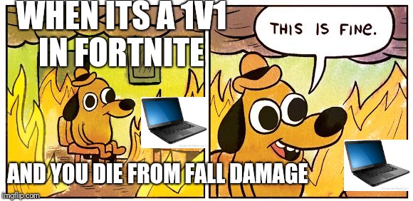 This Is Fine Meme | WHEN ITS A 1V1 IN FORTNITE; AND YOU DIE FROM FALL DAMAGE | image tagged in this is fine dog,fortnite,triggered,i want to die | made w/ Imgflip meme maker