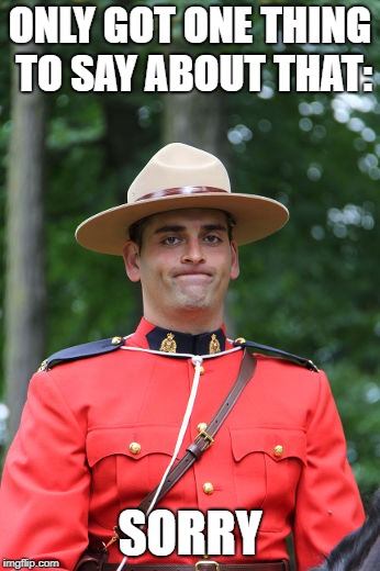 Frowning Mountie | ONLY GOT ONE THING TO SAY ABOUT THAT: SORRY | image tagged in frowning mountie | made w/ Imgflip meme maker