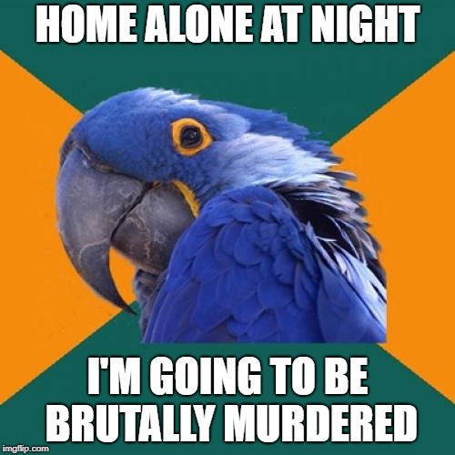 Paranoid Parrot | HOME ALONE AT NIGHT; I'M GOING TO BE BRUTALLY MURDERED | image tagged in memes,paranoid parrot | made w/ Imgflip meme maker