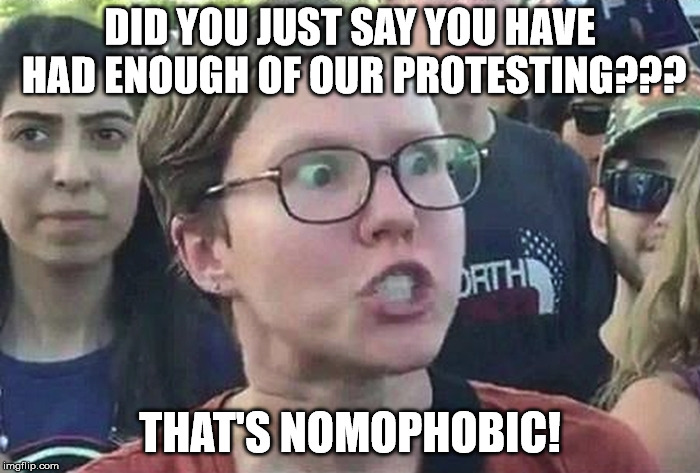 Triggered Liberal | DID YOU JUST SAY YOU HAVE HAD ENOUGH OF OUR PROTESTING??? THAT'S NOMOPHOBIC! | image tagged in triggered liberal | made w/ Imgflip meme maker
