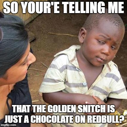 Third World Skeptical Kid Meme | SO YOUR'E TELLING ME THAT THE GOLDEN SNITCH IS JUST A CHOCOLATE ON REDBULL? | image tagged in memes,third world skeptical kid | made w/ Imgflip meme maker