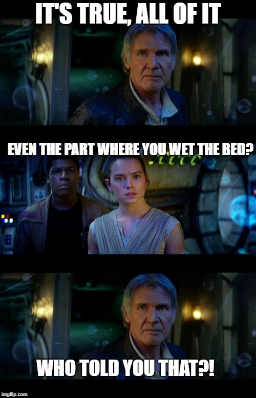 Han Solo wet the bed | IT'S TRUE, ALL OF IT; EVEN THE PART WHERE YOU WET THE BED? WHO TOLD YOU THAT?! | image tagged in memes,it's true all of it han solo | made w/ Imgflip meme maker