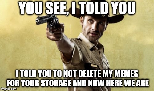 Rick Grimes | YOU SEE, I TOLD YOU; I TOLD YOU TO NOT DELETE MY MEMES FOR YOUR STORAGE AND NOW HERE WE ARE | image tagged in memes,rick grimes | made w/ Imgflip meme maker